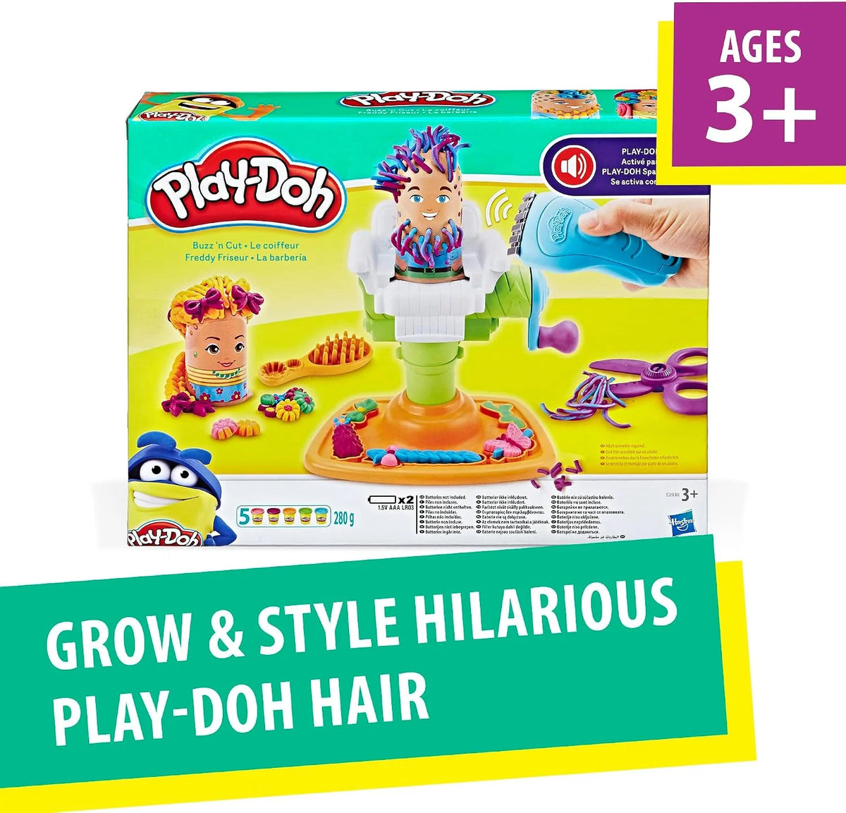 Play-Doh Buzz 'n Cut Fuzzy Pumper Barber Shop Set, Electric Buzzer, 5 Colors of 2-Ounce Cans, Preschool Toys, Girls & Boys, Ages 3+ (Amazon Exclusive)