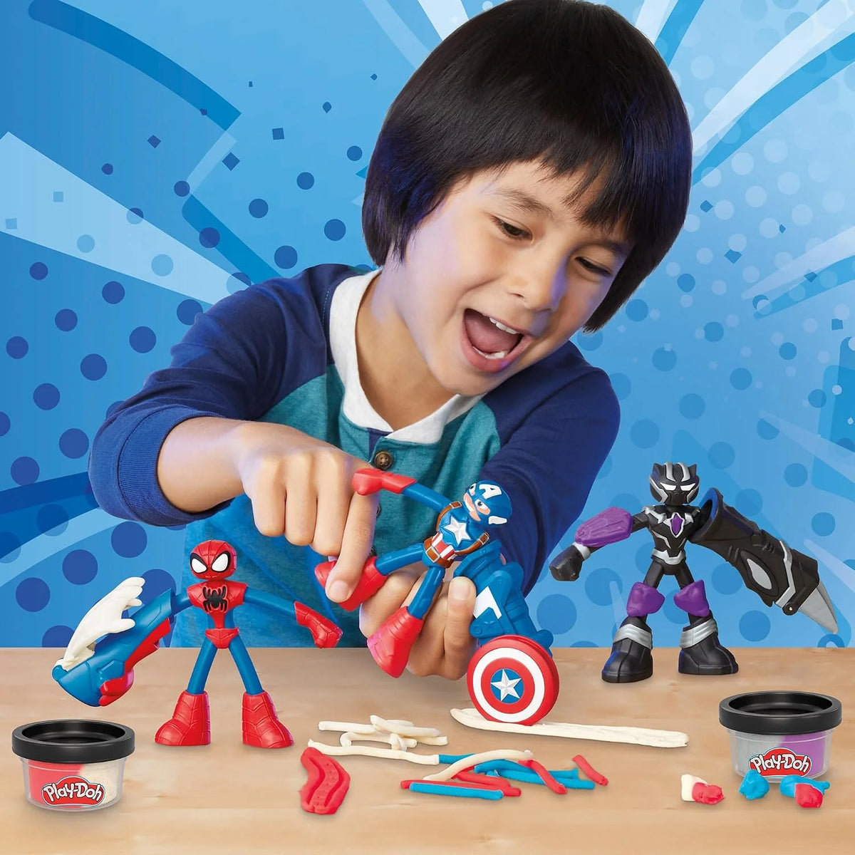 Play-Doh Marvel Hero Adventure Playset, 3 Marvel Action Figures with Wearable Tools, Black Panther, Captain America & Spider-Man Imagination Toys for Boys and Girls Ages 4 and Up