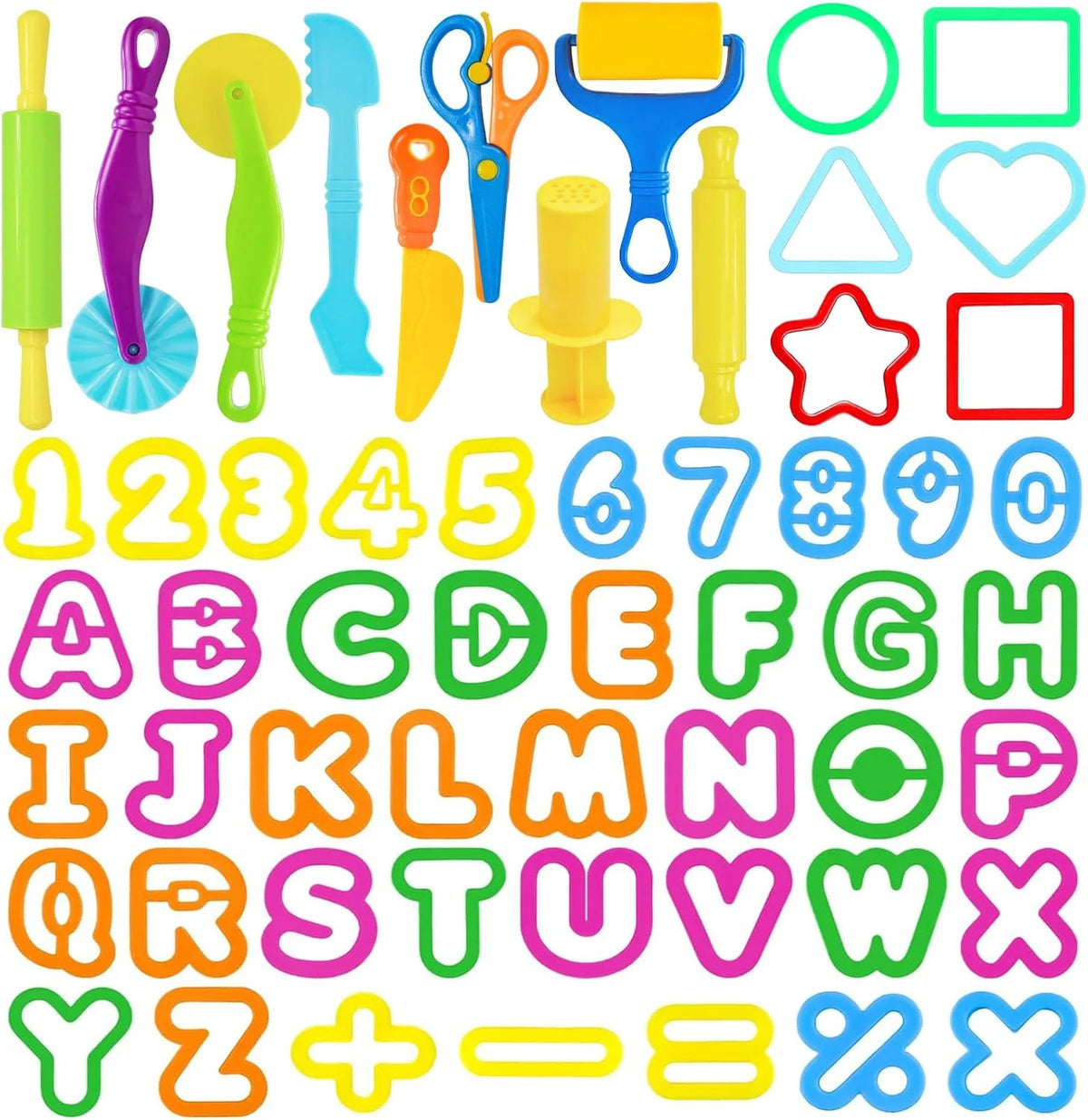 LCY WEDSHI Dough Tool Set, 56 Pcs Dough Tools Sets for Kids Ages 4-8, Dough Accessories Includes Alphabet Numbers Shapes, Cutters Roller, Rolling Pins, Safety Scissors, Plastic Knife