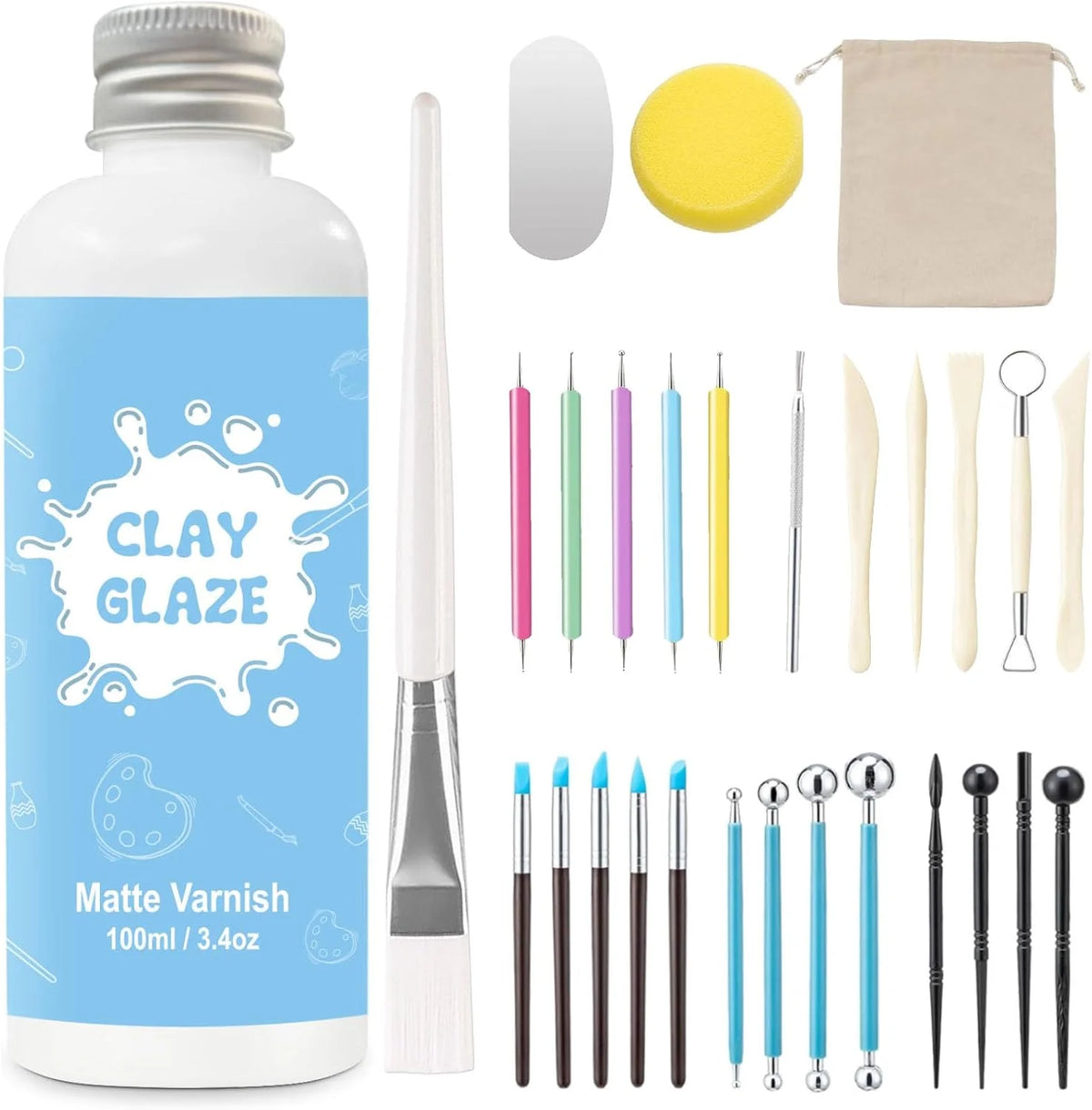 EIGTWEN 100ml Air Dry Clay Glaze and 29pcs Clay Tools Kit, Matte Varnish
