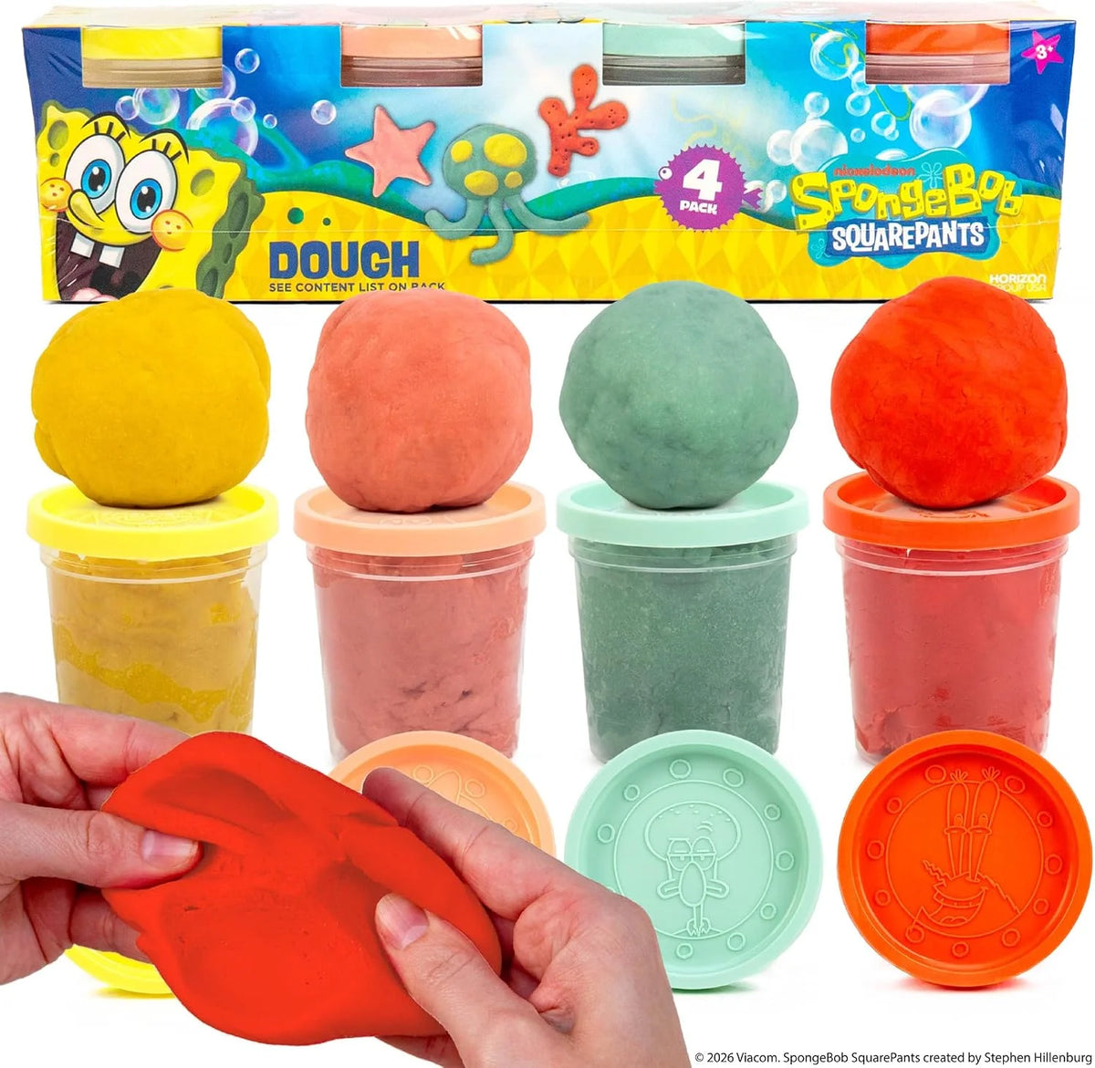 Spongebob Squarepants™ Dough 4-Pack, Sensory Dough in Resealable Storage Containers with Character Impression Molded Lids, Spongebob Toys, Kids Party Favors