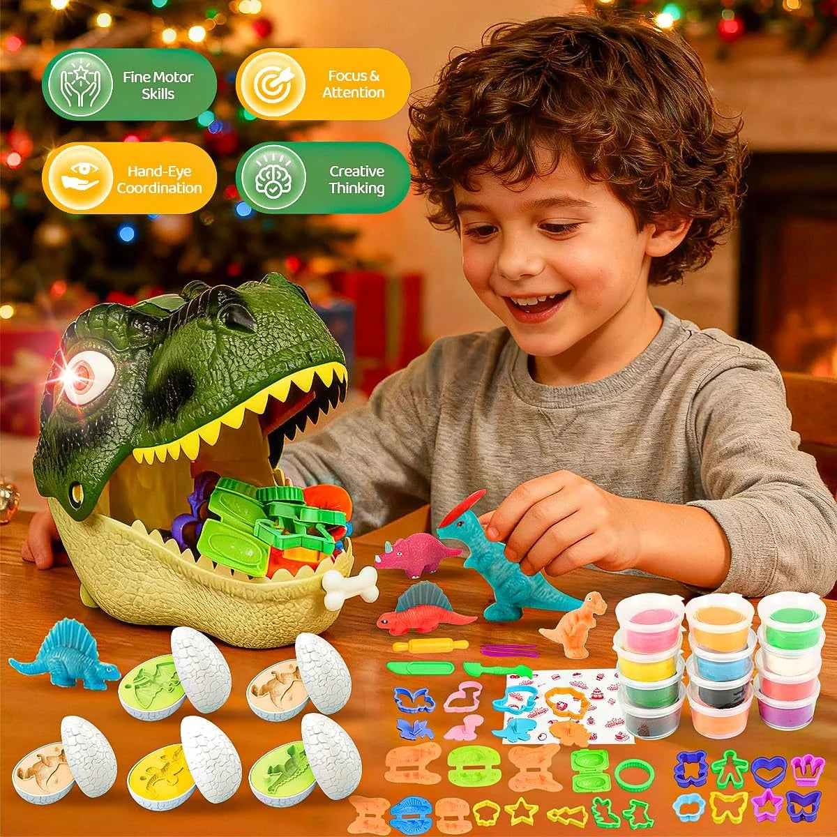 Dinosaur Toys Kids Dough Playset, 55PCS Dino Toys Kit with Molds & Clay