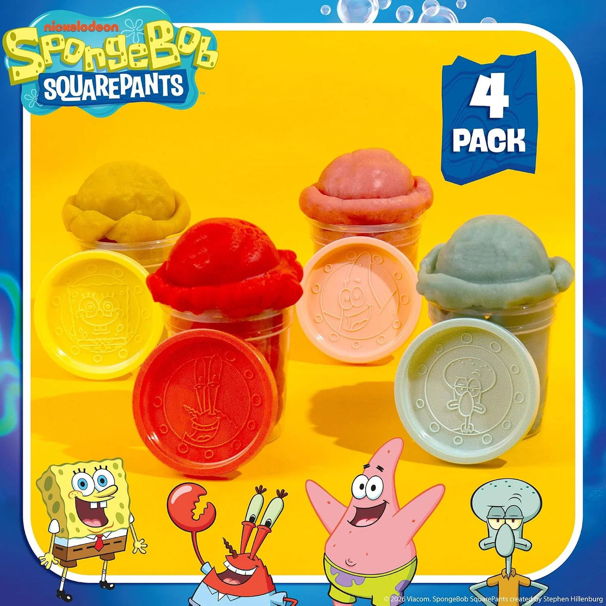 Spongebob Squarepants™ Dough 4-Pack, Sensory Dough in Resealable Storage Containers with Character Impression Molded Lids, Spongebob Toys, Kids Party Favors